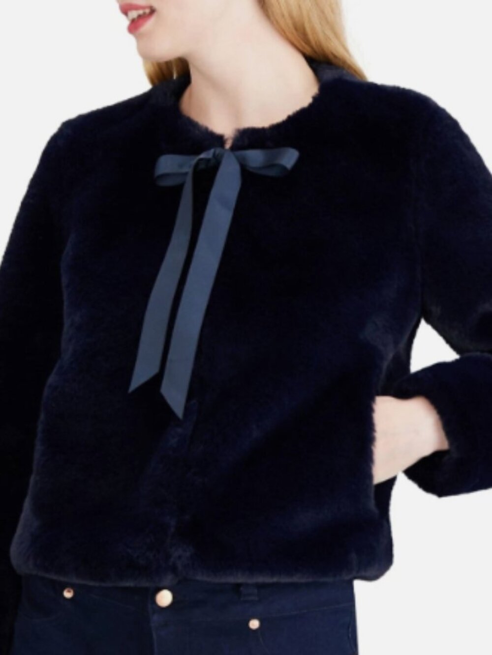 New Maison Jules Faux Fur Navy Blue Tie Front Jacket M Medium NWT Cozy Soft